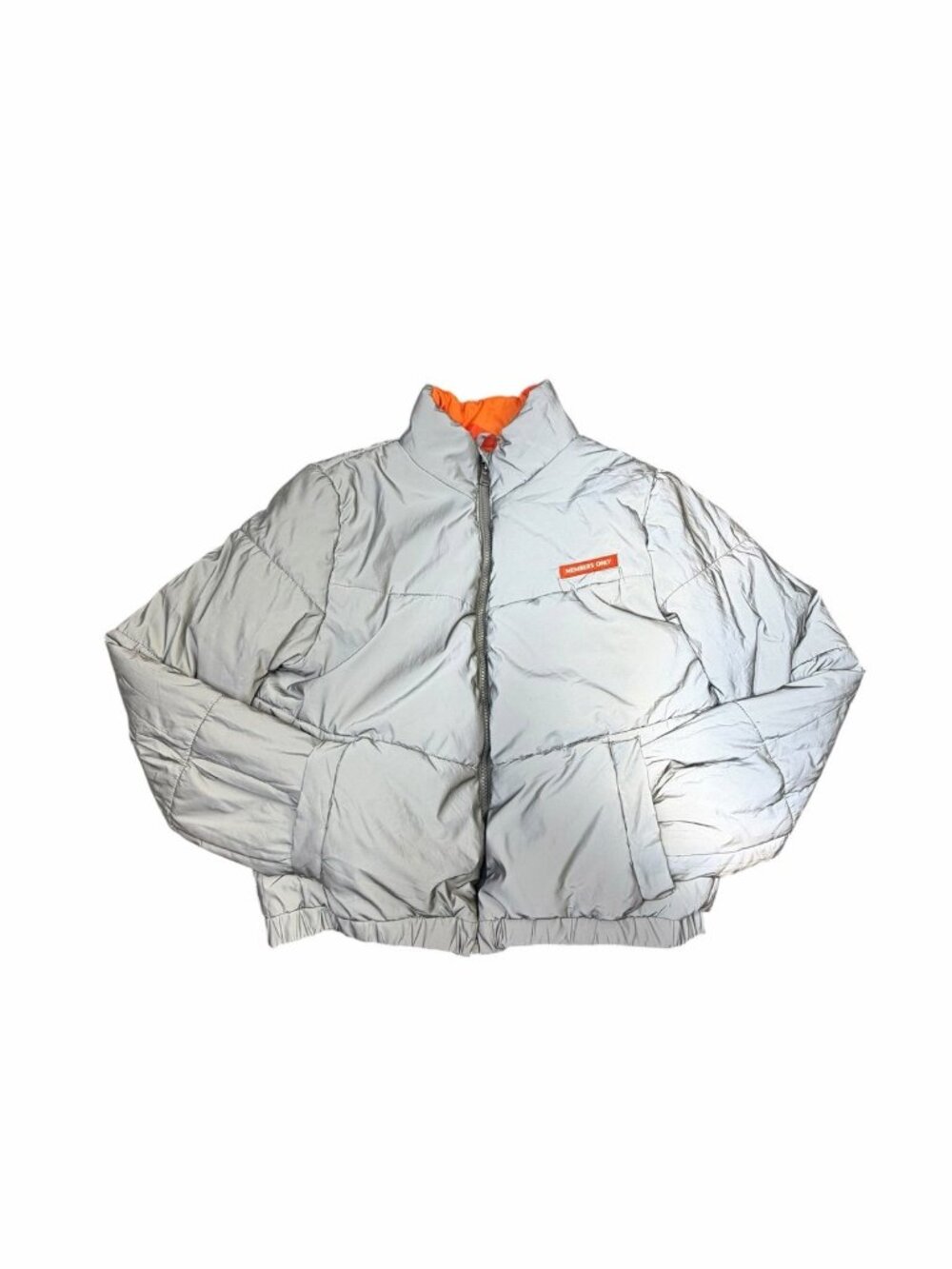 Members Only Reflective Silver Puffer Jacket Orange Polka Dot Lining Size Large